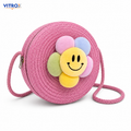 Women’s Pink Round Woven Smiley Flower Shoulder Bag