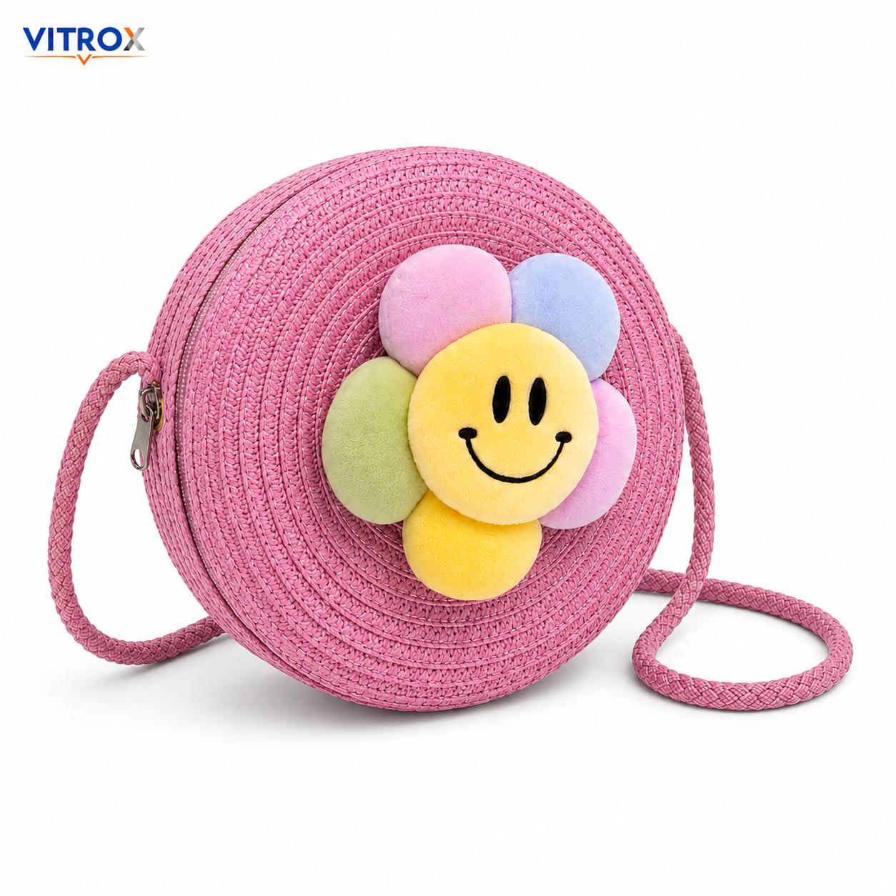 Women’s Pink Round Woven Smiley Flower Shoulder Bag