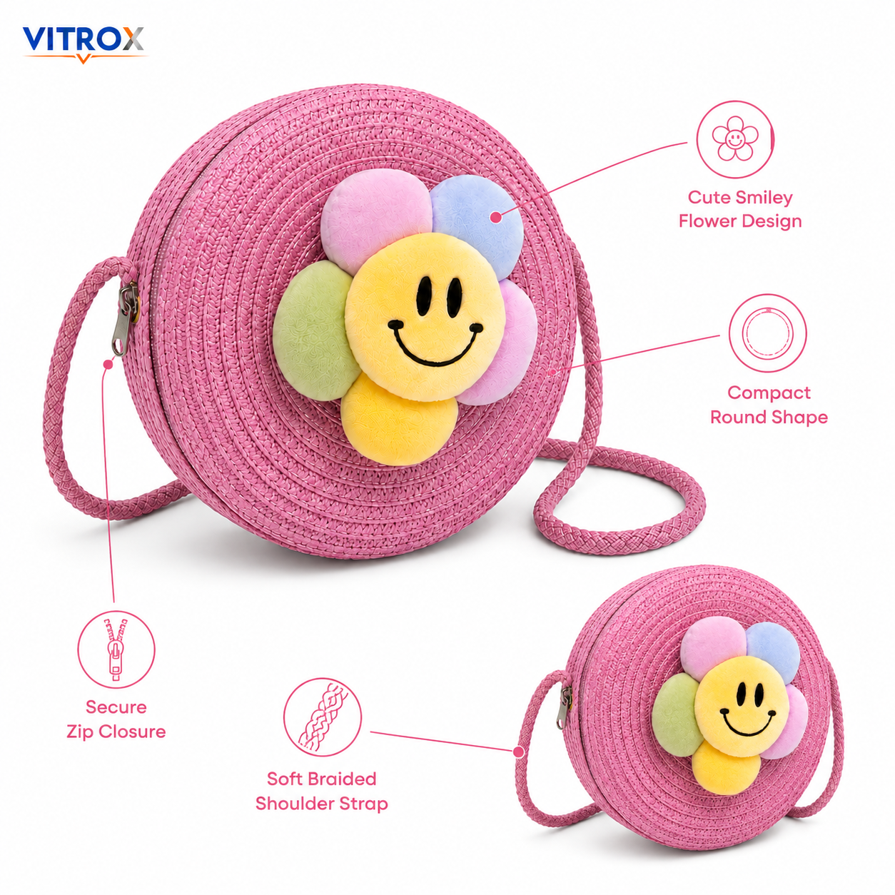 Women’s Pink Round Woven Smiley Flower Shoulder Bag