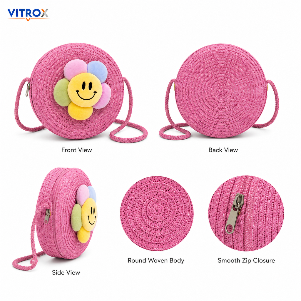 Women’s Pink Round Woven Smiley Flower Shoulder Bag