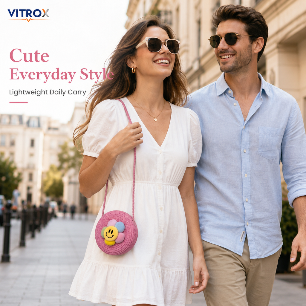Women’s Pink Round Woven Smiley Flower Shoulder Bag