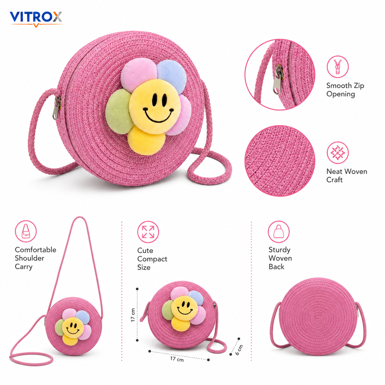 Women’s Pink Round Woven Smiley Flower Shoulder Bag