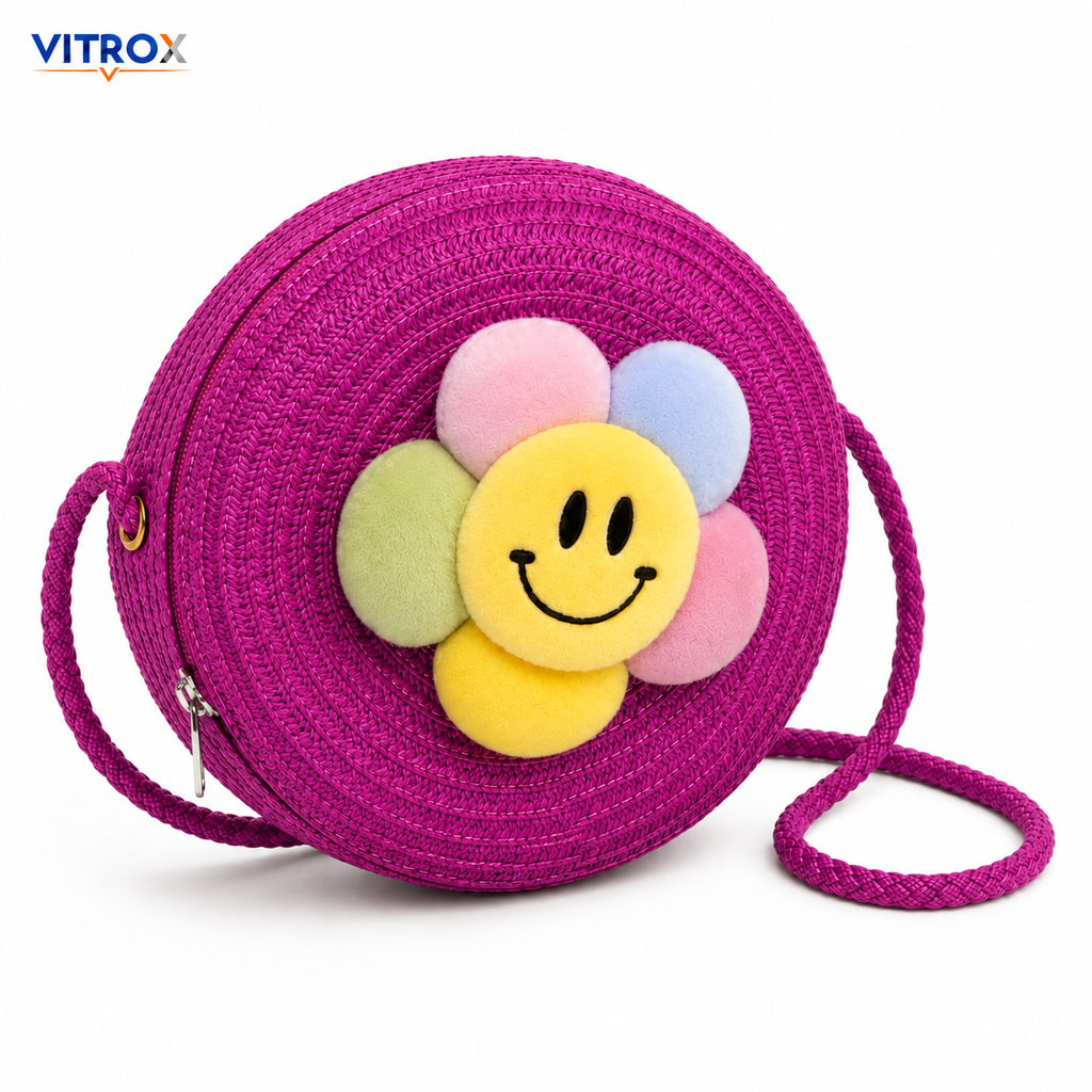 Cute Round Woven Smiley Flower Crossbody Bag for Girls & Women
