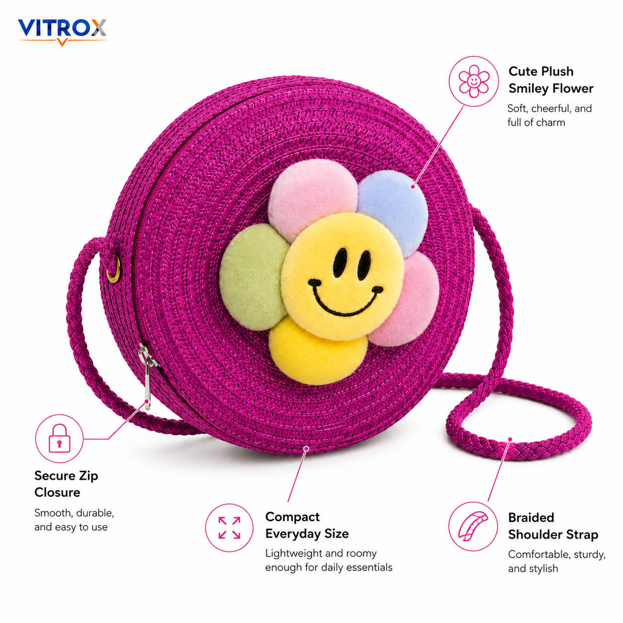 Cute Round Woven Smiley Flower Crossbody Bag for Girls & Women