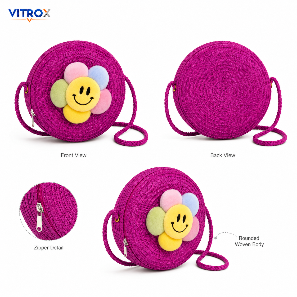 Cute Round Woven Smiley Flower Crossbody Bag for Girls & Women