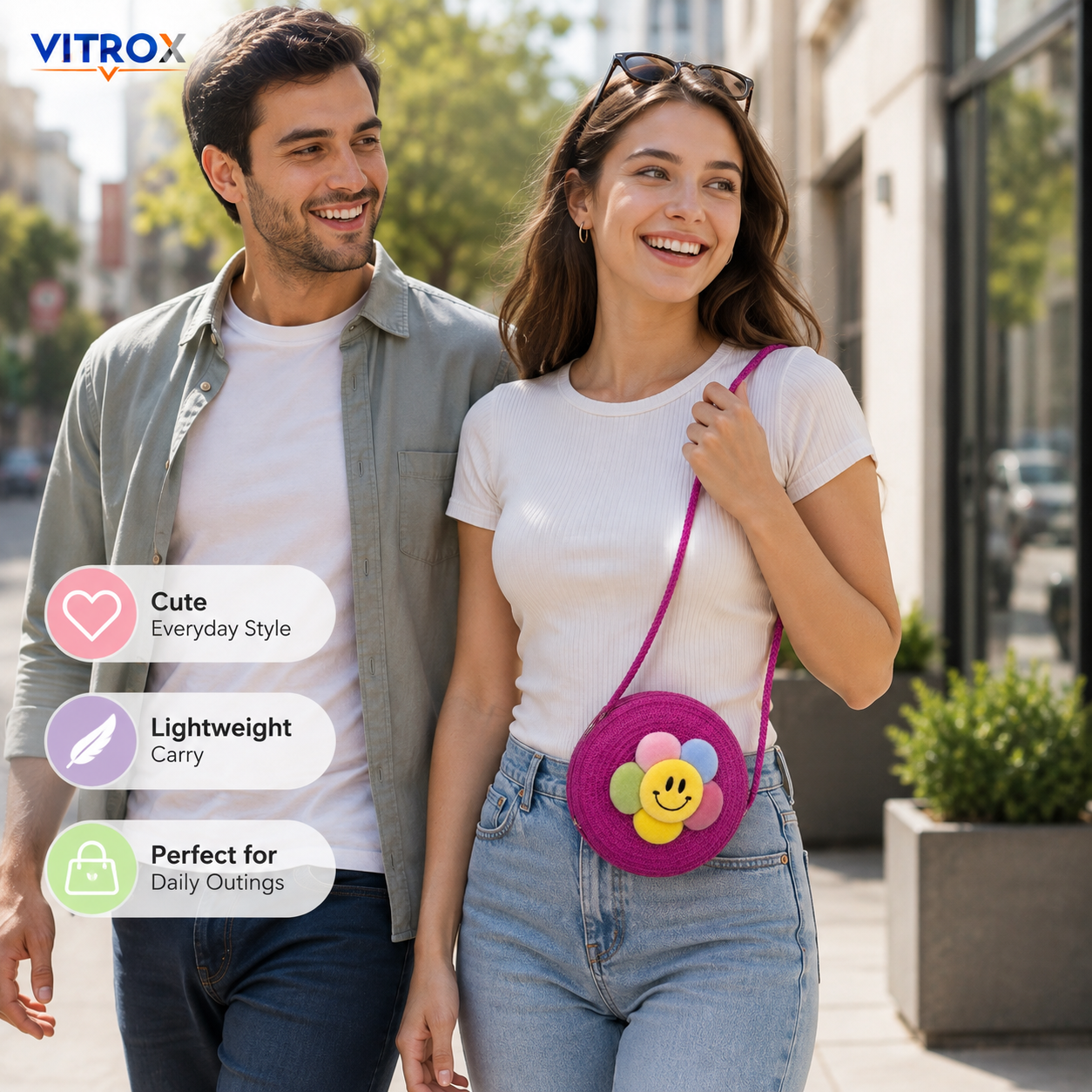 Cute Round Woven Smiley Flower Crossbody Bag for Girls & Women