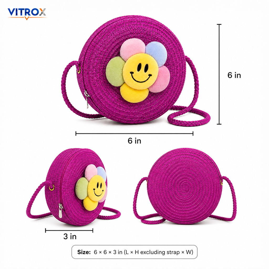 Cute Round Woven Smiley Flower Crossbody Bag for Girls & Women