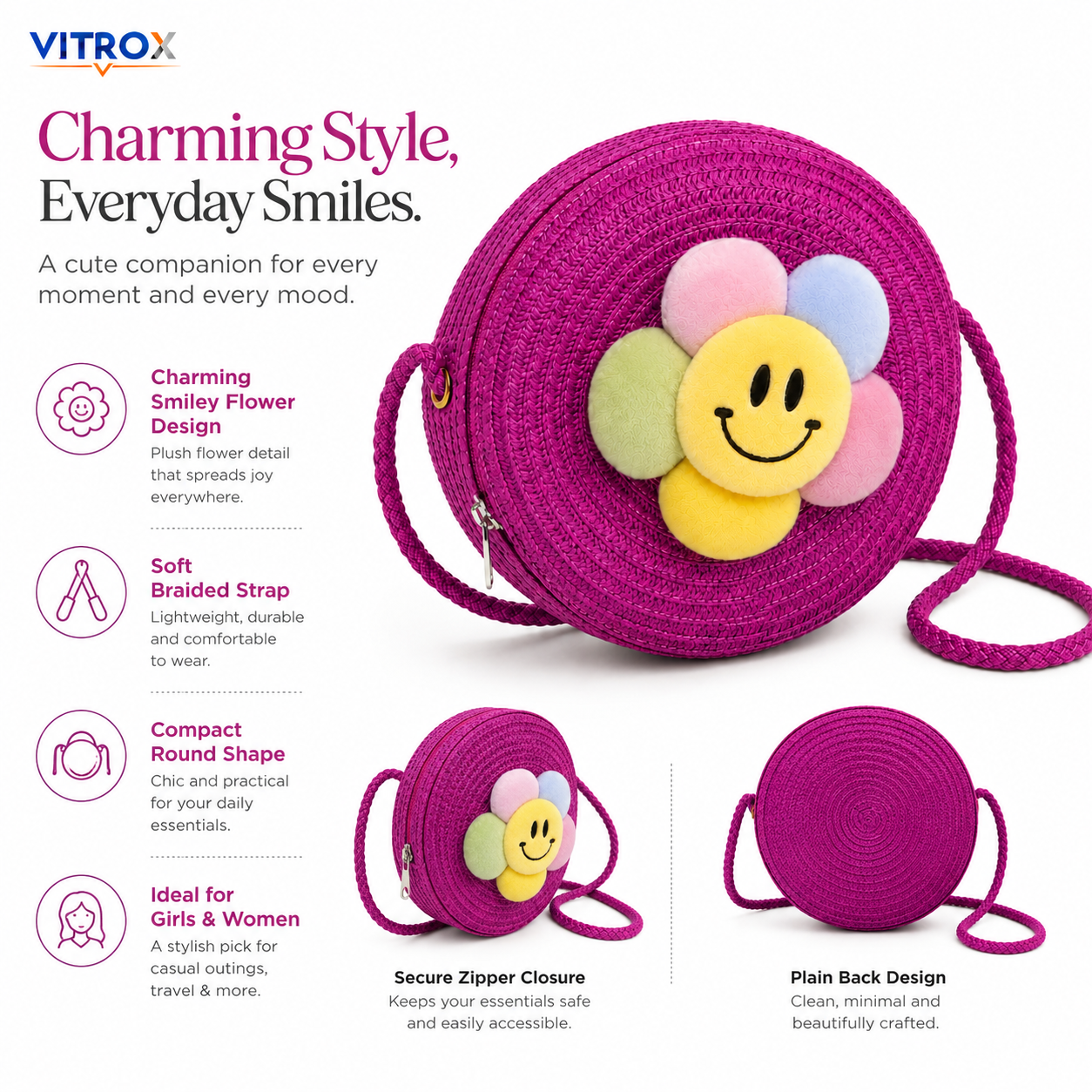 Cute Round Woven Smiley Flower Crossbody Bag for Girls & Women
