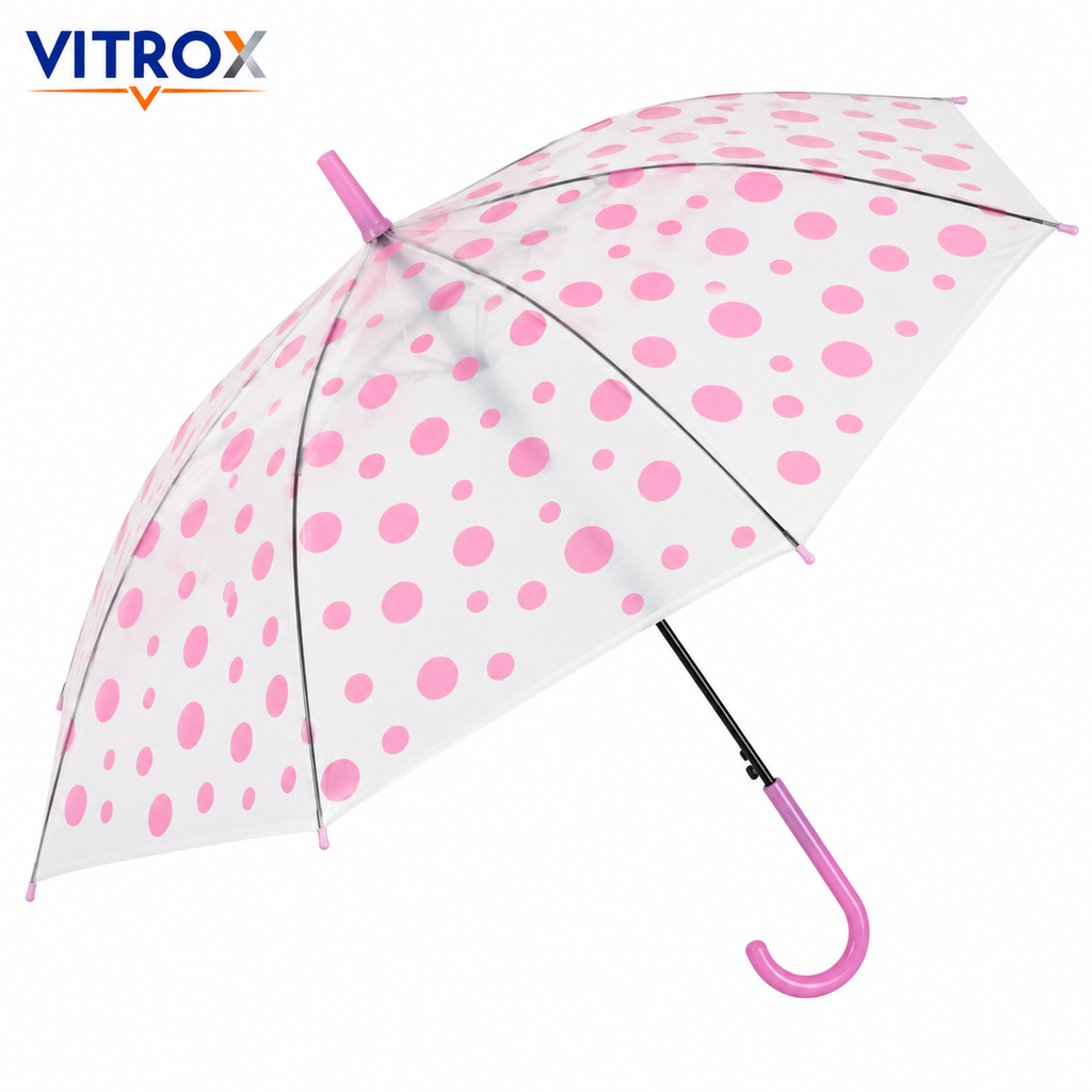 Pink Polka Dot Frosted Transparent Umbrella with Curved J Handle
