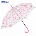 Pink Polka Dot Frosted Transparent Umbrella with Curved J Handle