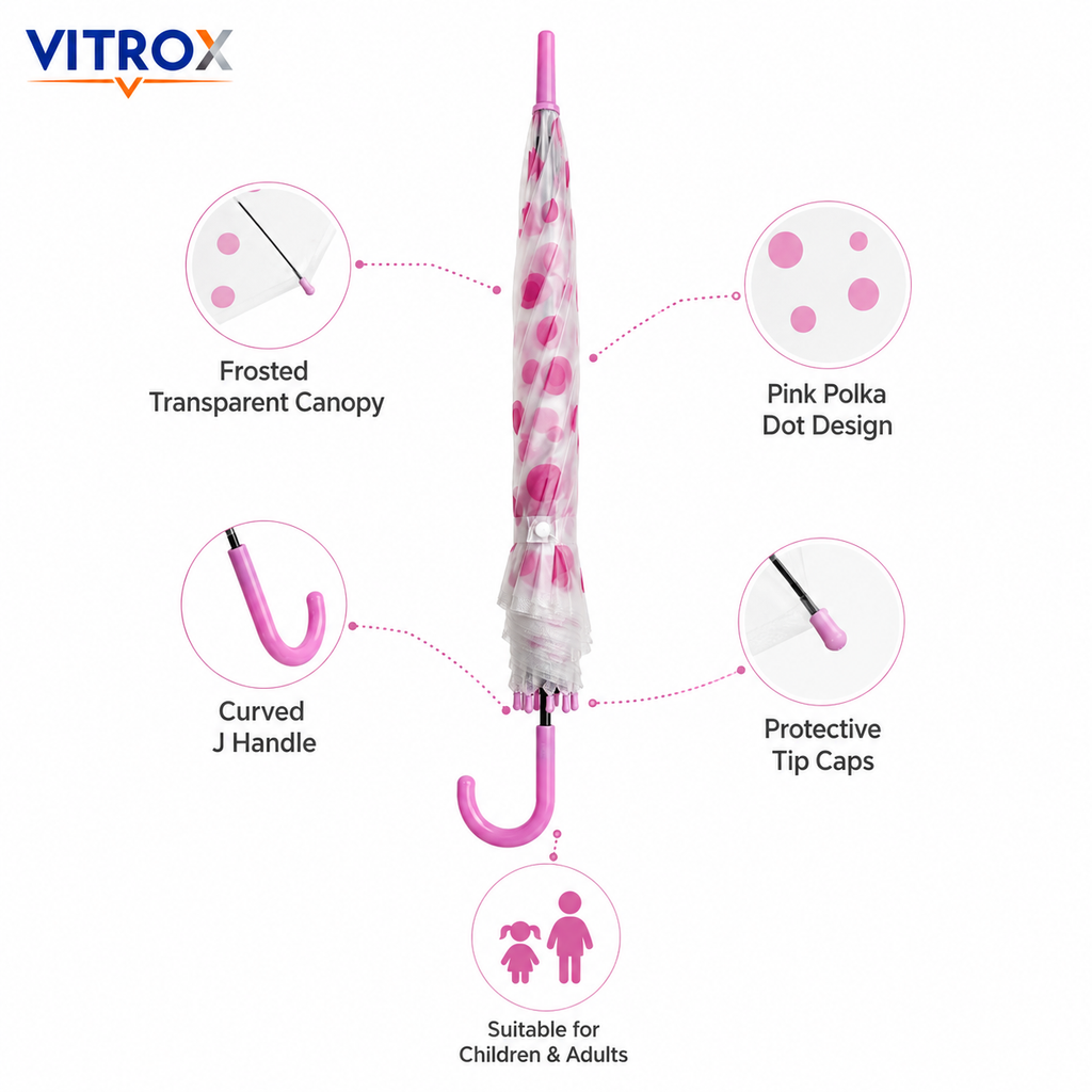 Pink Polka Dot Frosted Transparent Umbrella with Curved J Handle