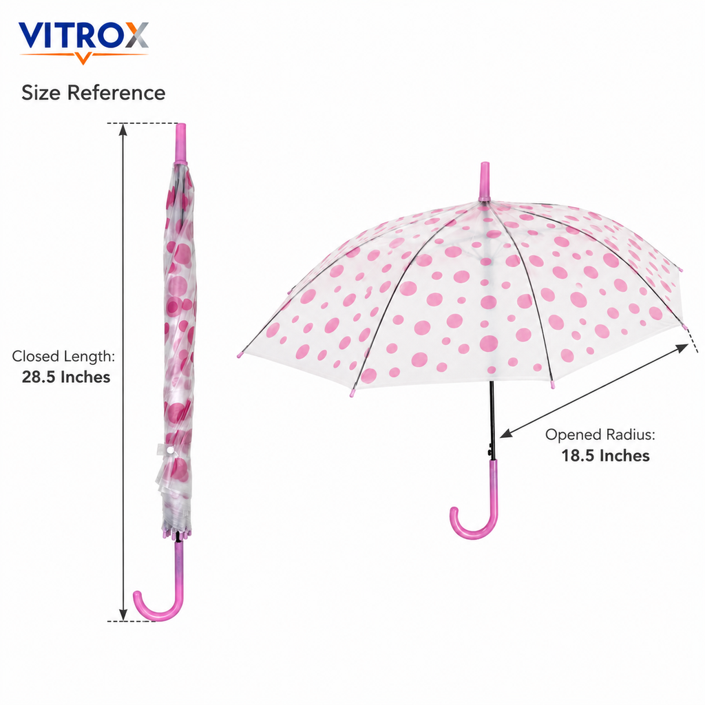 Pink Polka Dot Frosted Transparent Umbrella with Curved J Handle
