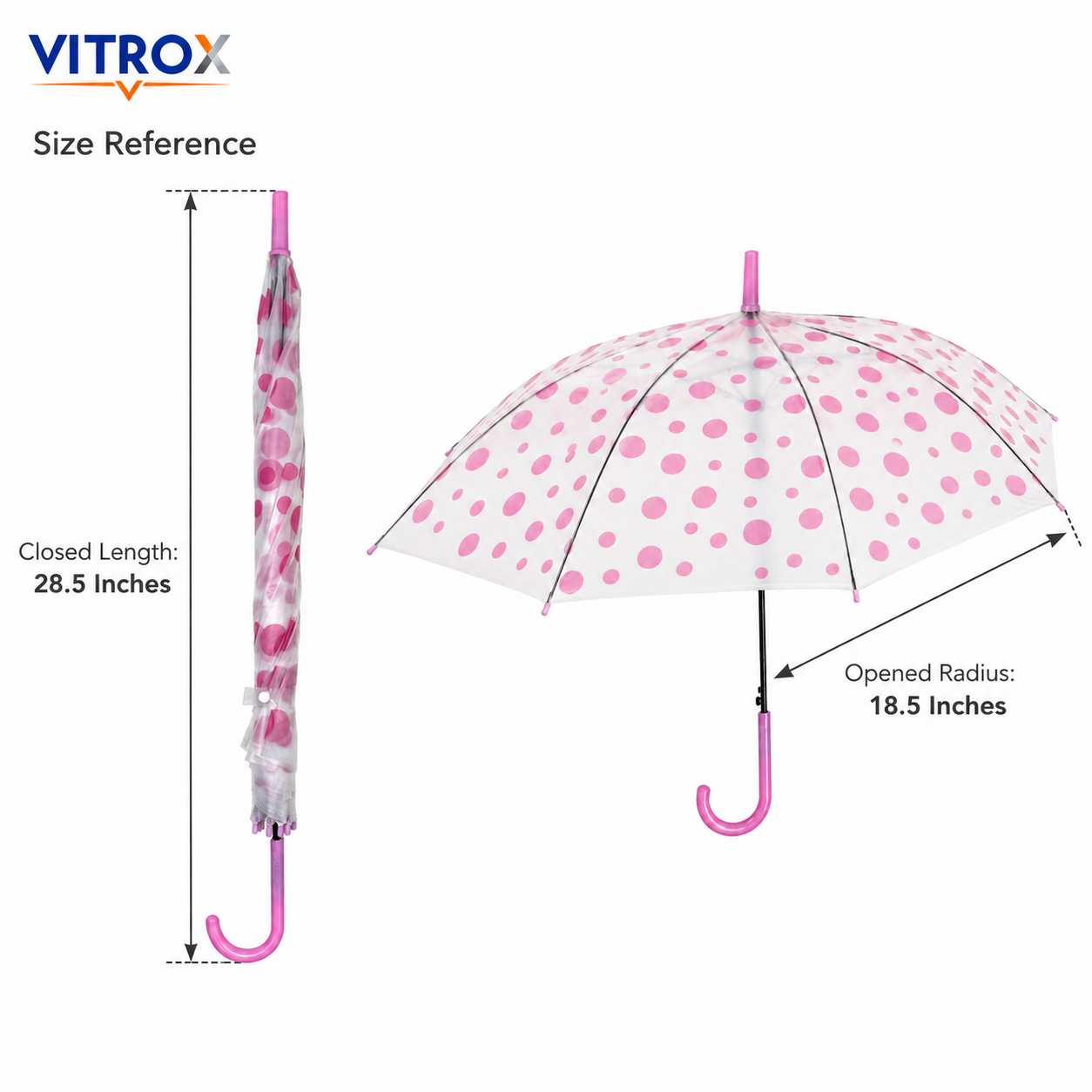 Pink Polka Dot Frosted Transparent Umbrella with Curved J Handle