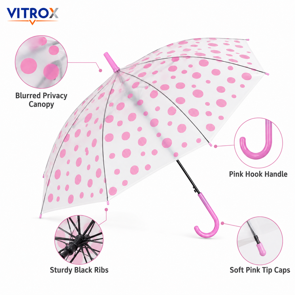 Pink Polka Dot Frosted Transparent Umbrella with Curved J Handle