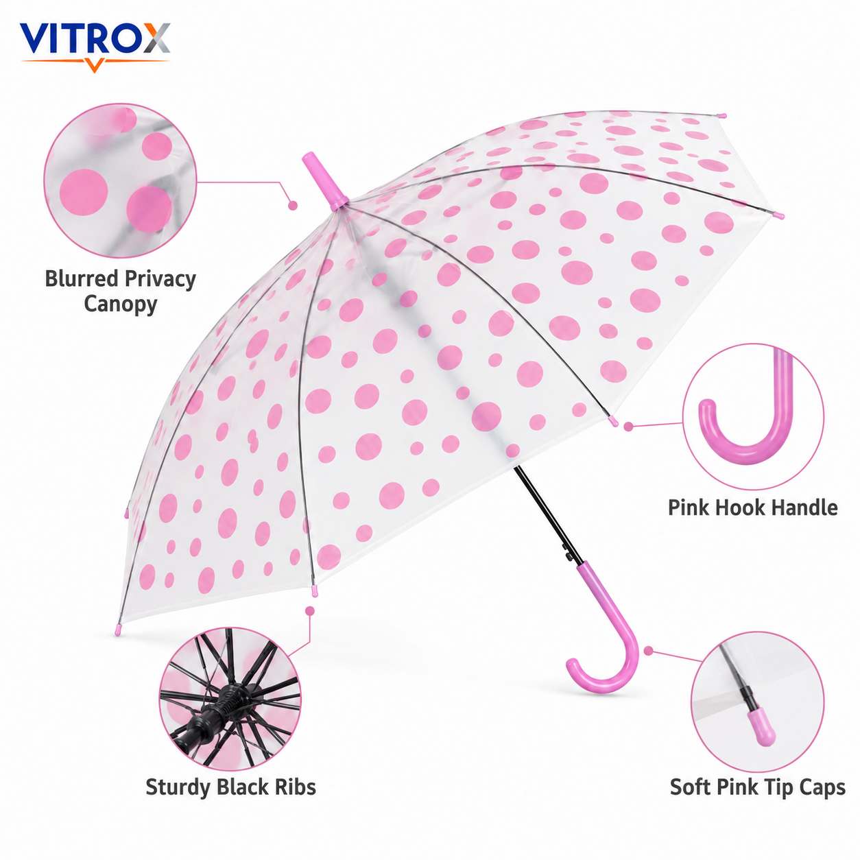 Pink Polka Dot Frosted Transparent Umbrella with Curved J Handle