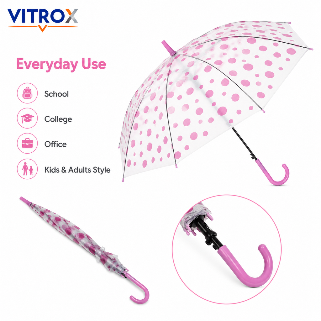 Pink Polka Dot Frosted Transparent Umbrella with Curved J Handle