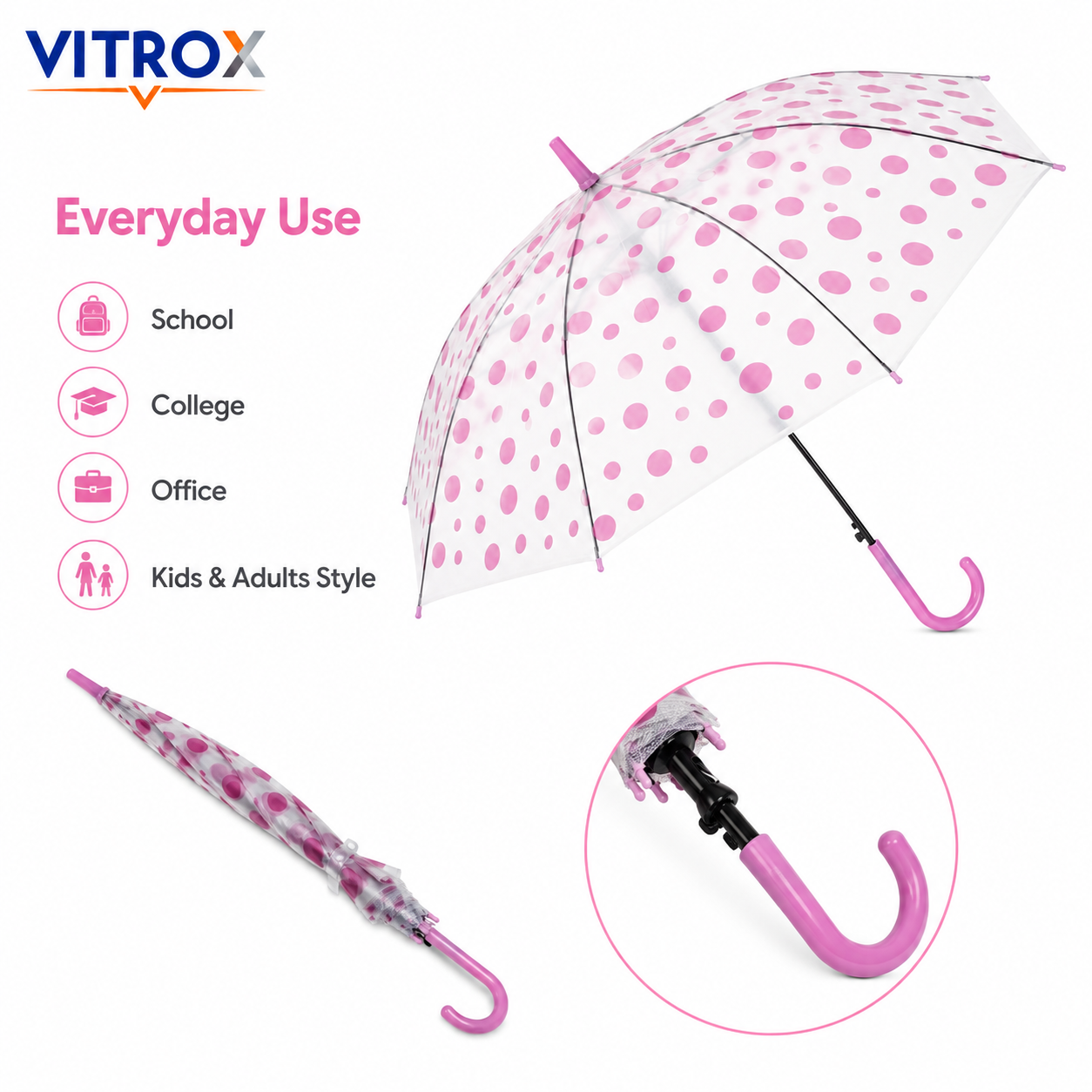 Pink Polka Dot Frosted Transparent Umbrella with Curved J Handle