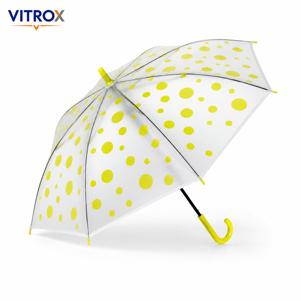 Yellow Polka Dot Frosted Transparent Umbrella with Curved J Handle