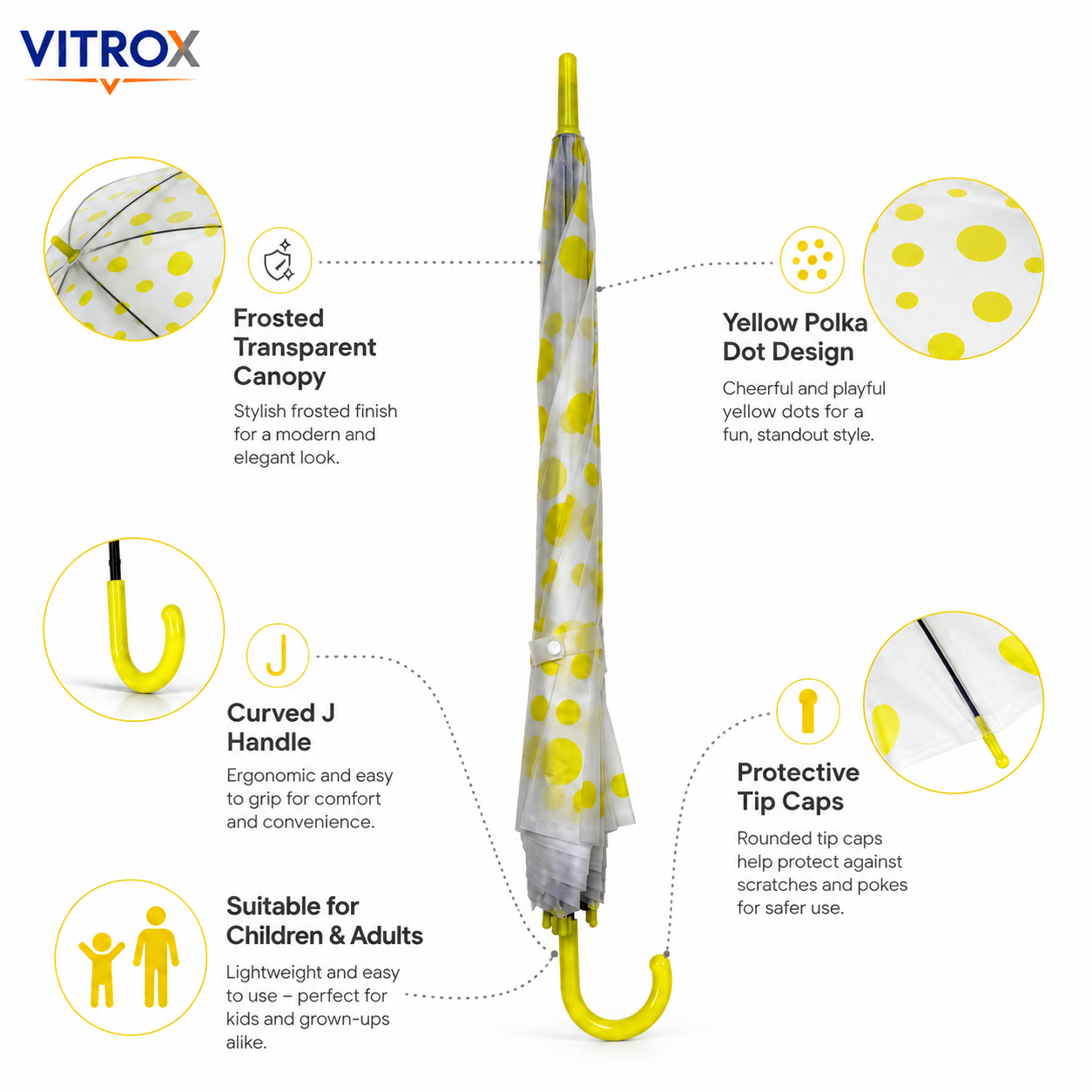Yellow Polka Dot Frosted Transparent Umbrella with Curved J Handle