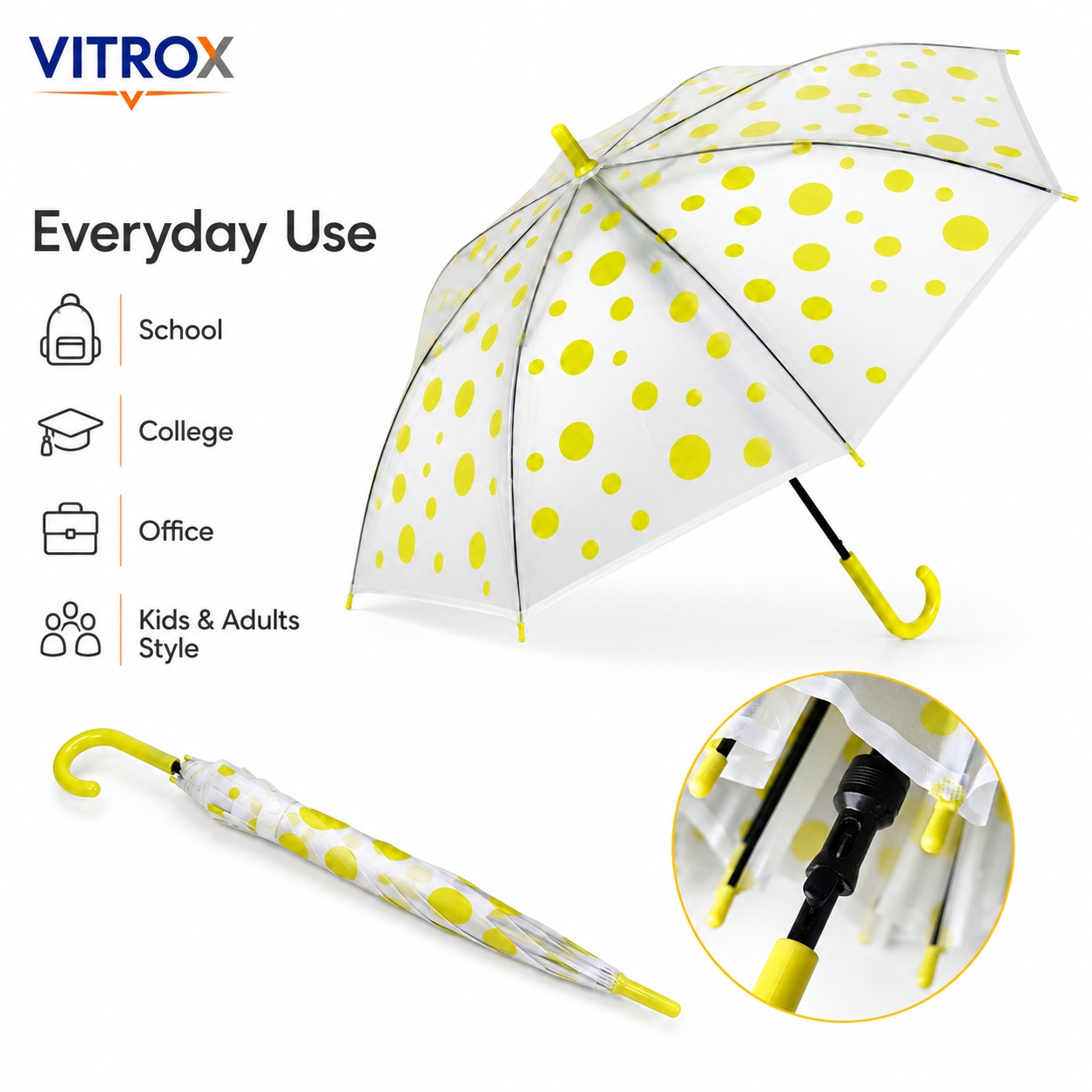 Yellow Polka Dot Frosted Transparent Umbrella with Curved J Handle