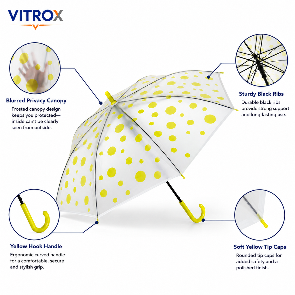 Yellow Polka Dot Frosted Transparent Umbrella with Curved J Handle
