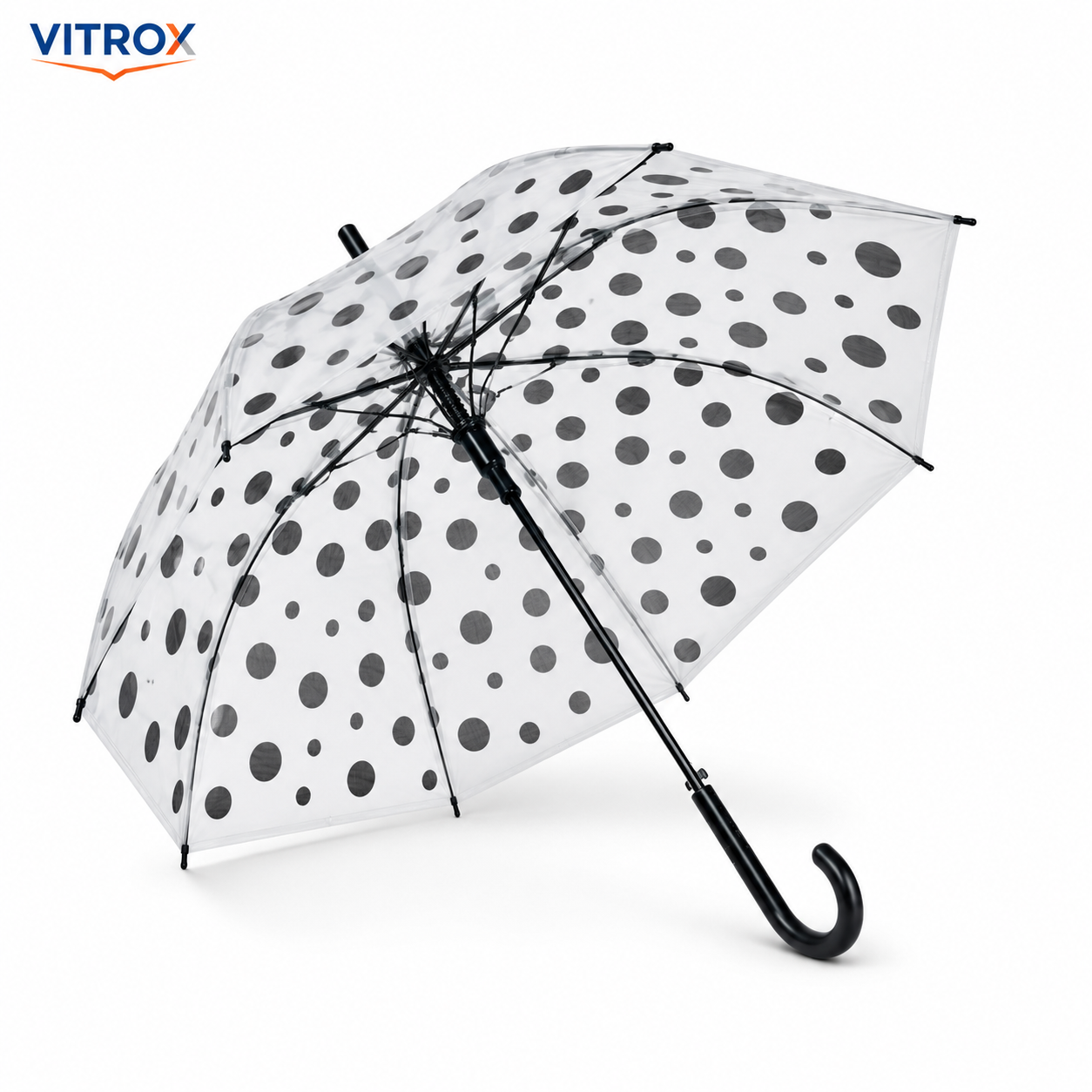 Black Polka Dot Transparent Umbrella with Curved J Handle