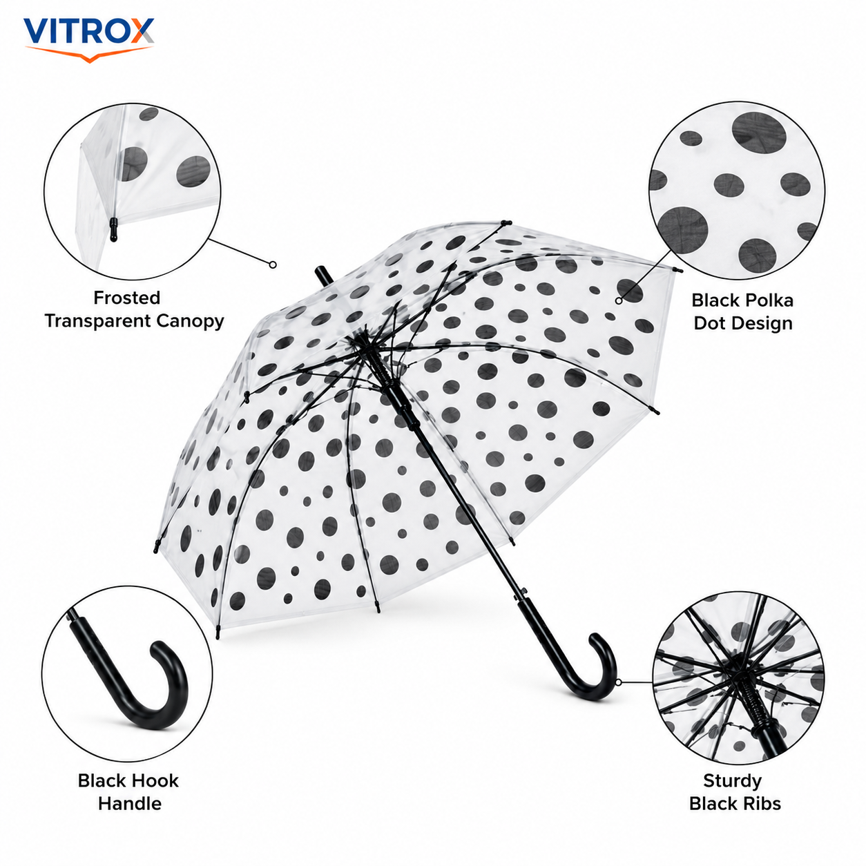 Black Polka Dot Transparent Umbrella with Curved J Handle
