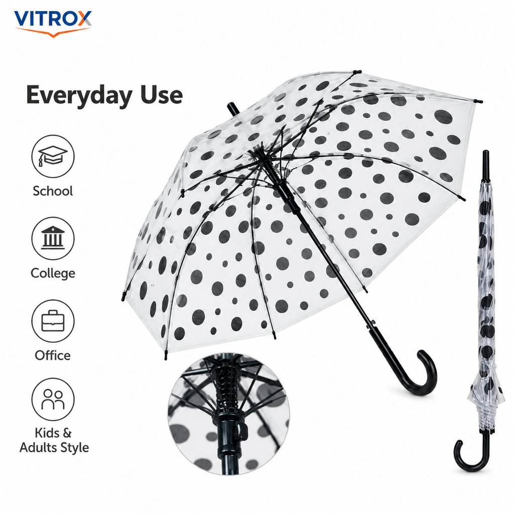 Black Polka Dot Transparent Umbrella with Curved J Handle