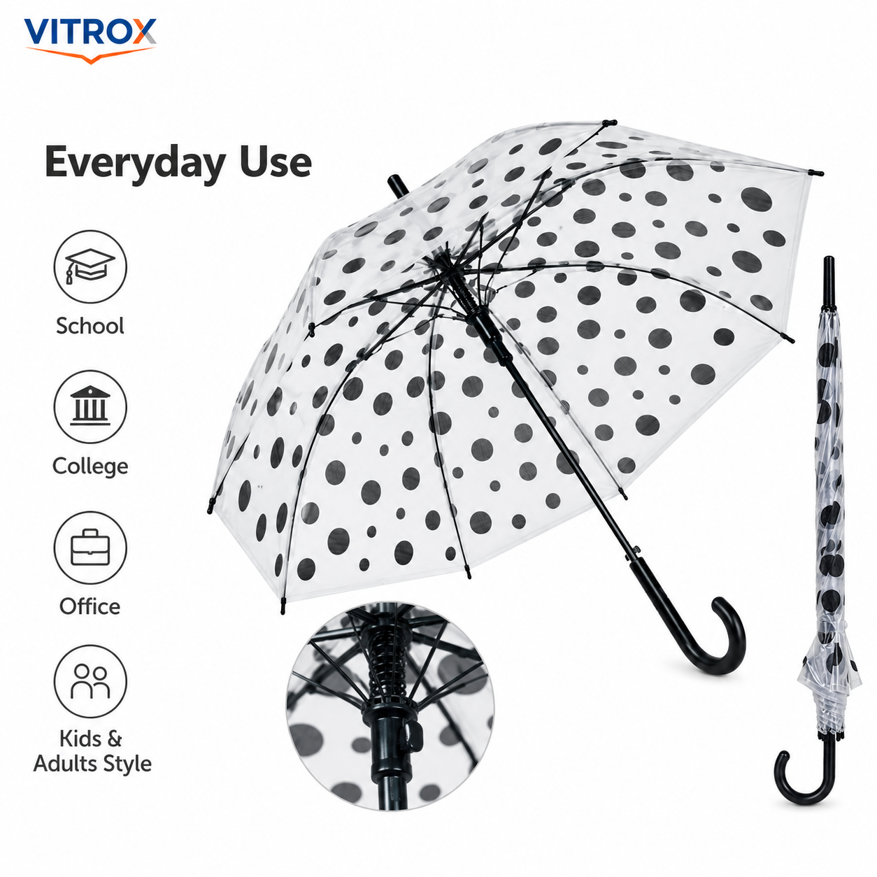 Black Polka Dot Transparent Umbrella with Curved J Handle