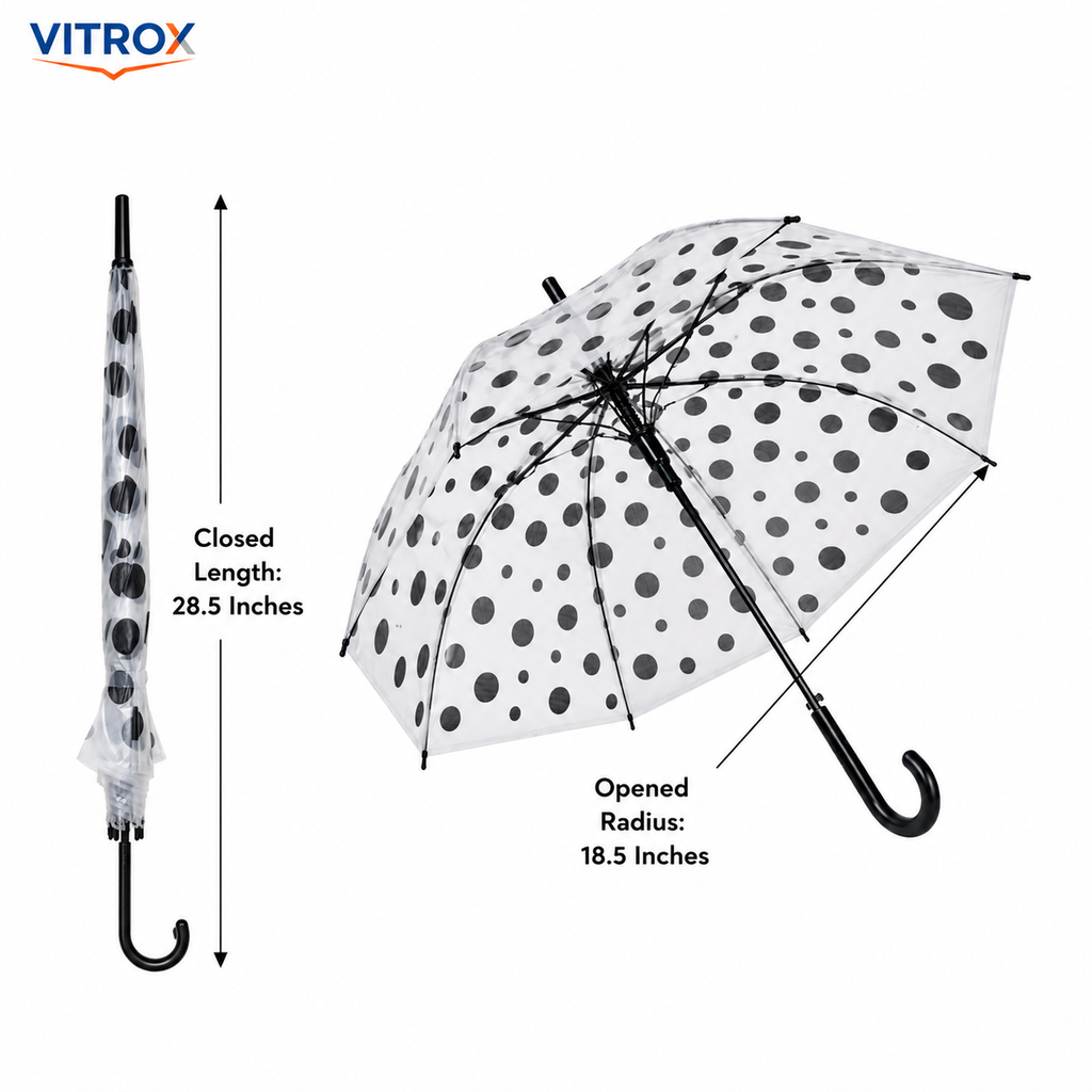 Black Polka Dot Transparent Umbrella with Curved J Handle