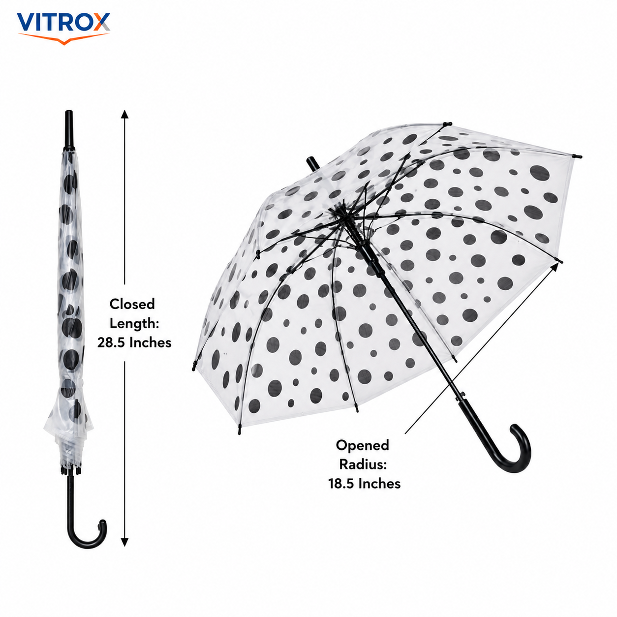 Black Polka Dot Transparent Umbrella with Curved J Handle