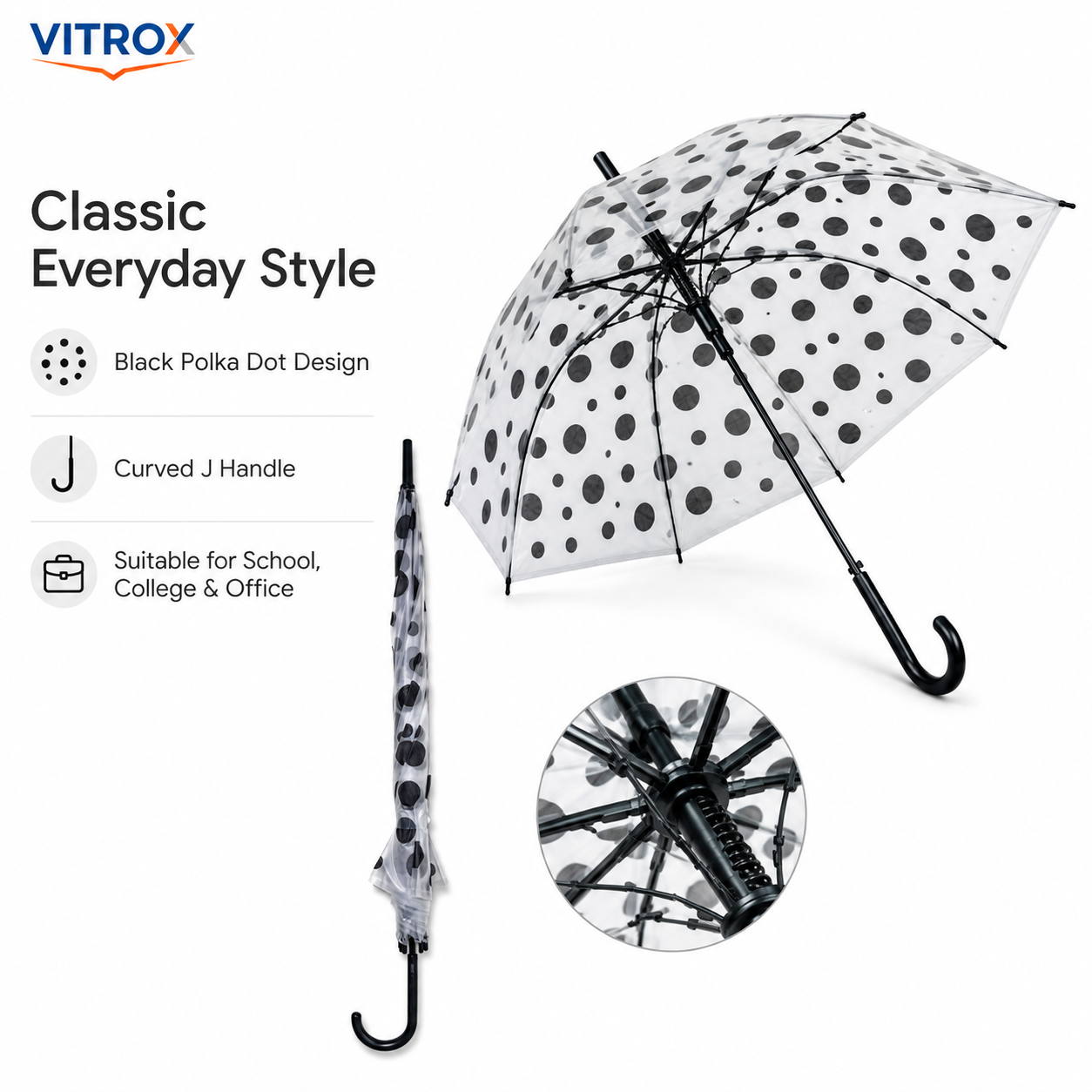 Black Polka Dot Transparent Umbrella with Curved J Handle