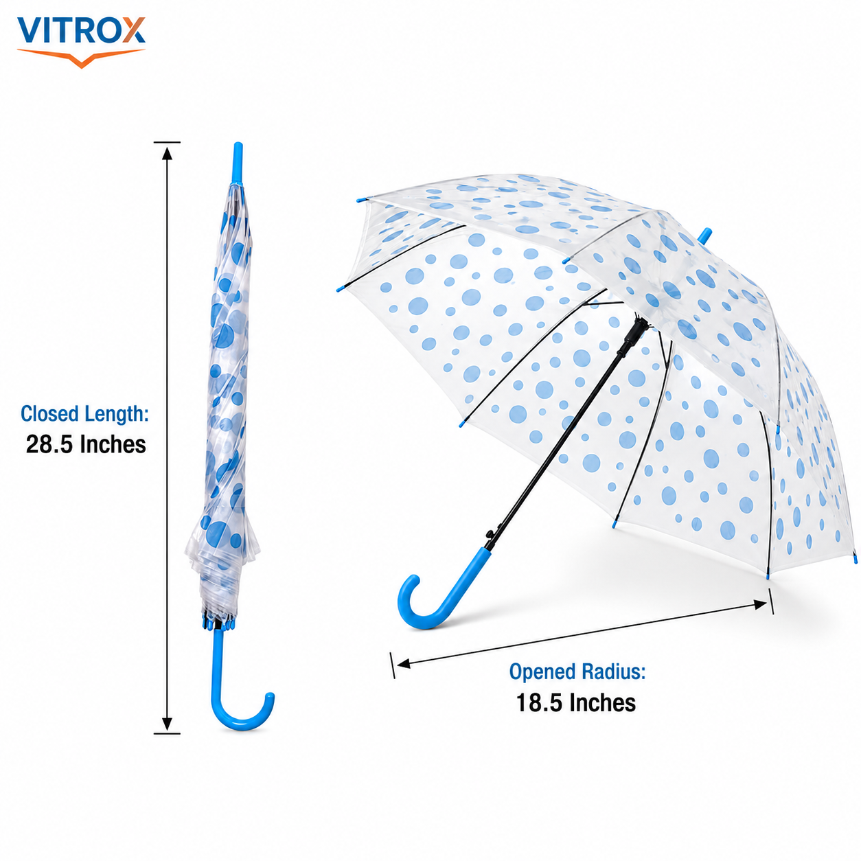 Blue Polka Dot Transparent Umbrella with Curved J Handle