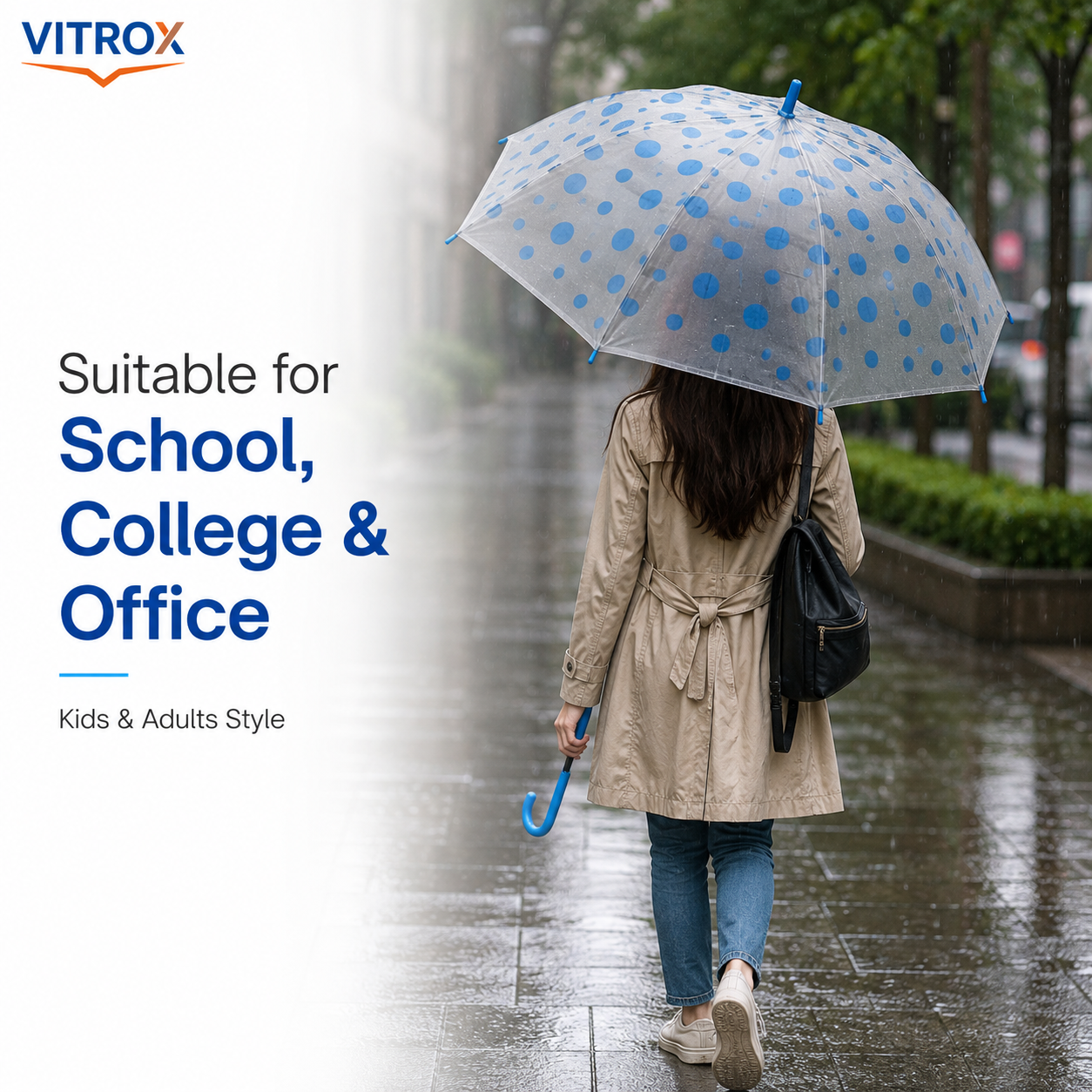 Blue Polka Dot Transparent Umbrella with Curved J Handle