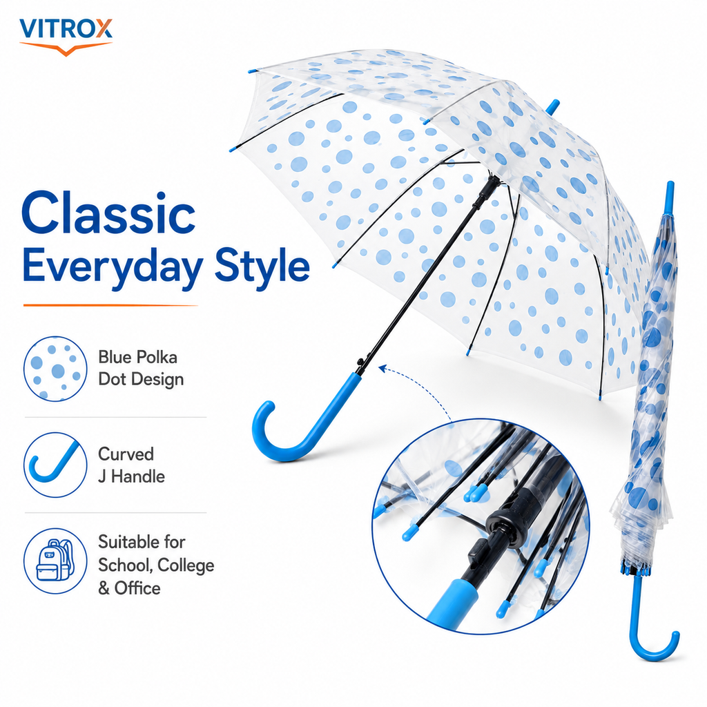 Blue Polka Dot Transparent Umbrella with Curved J Handle