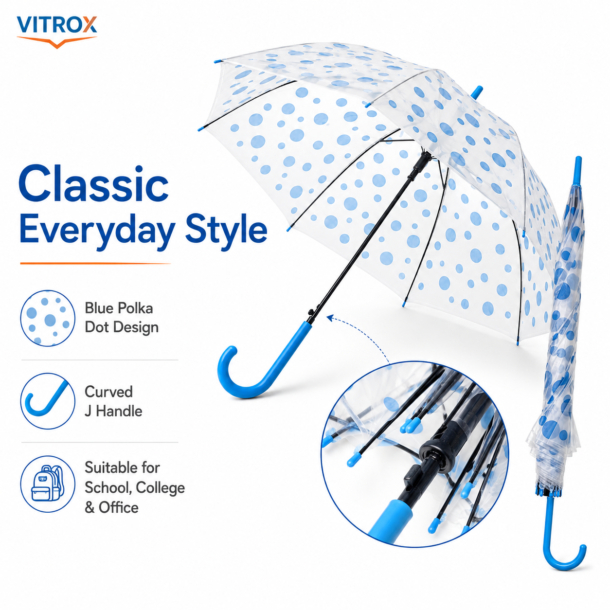 Blue Polka Dot Transparent Umbrella with Curved J Handle