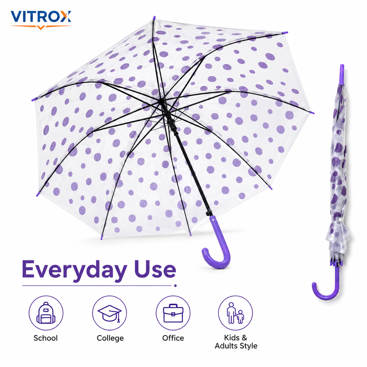 Purple Polka Dot Transparent Umbrella with Curved J Handle