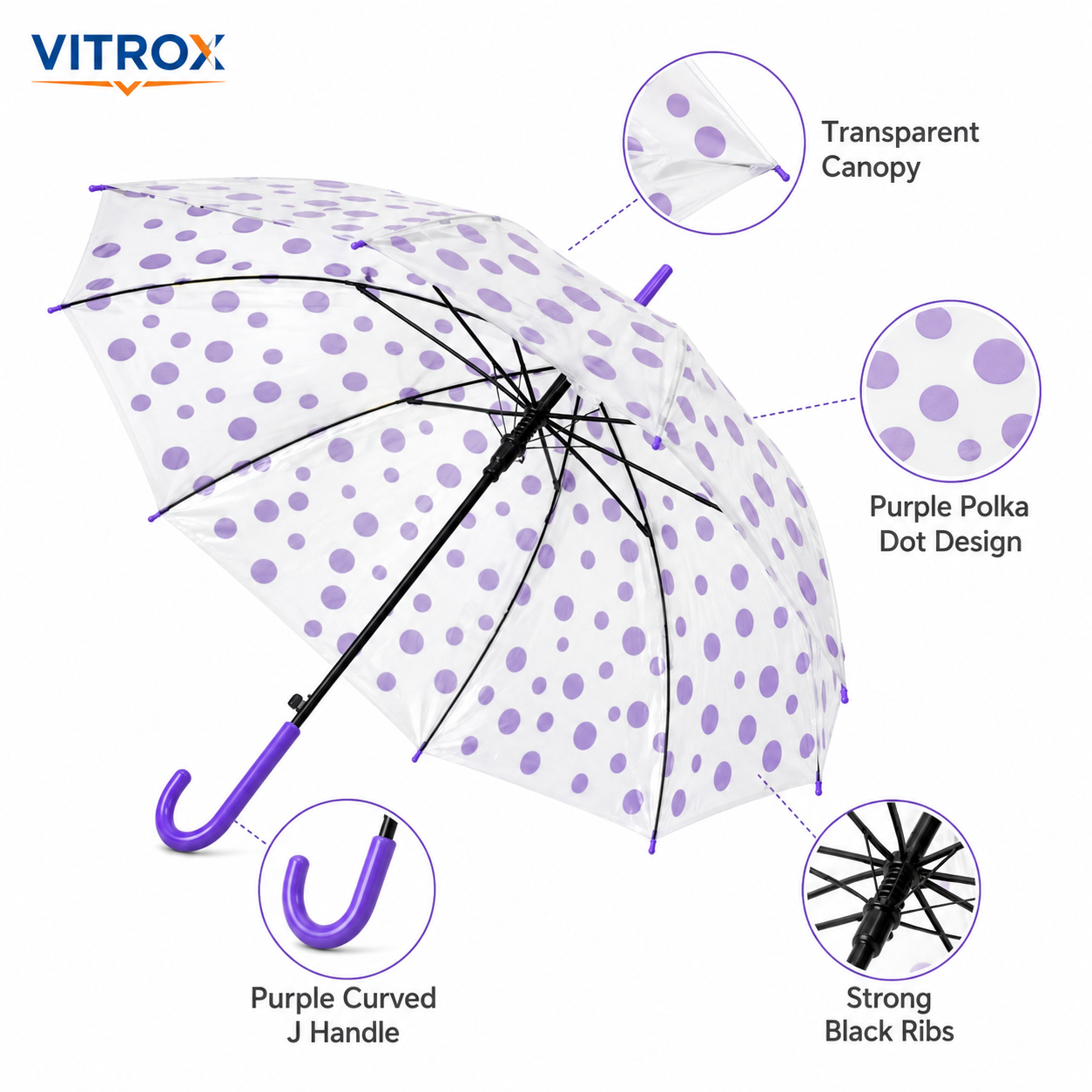Purple Polka Dot Transparent Umbrella with Curved J Handle