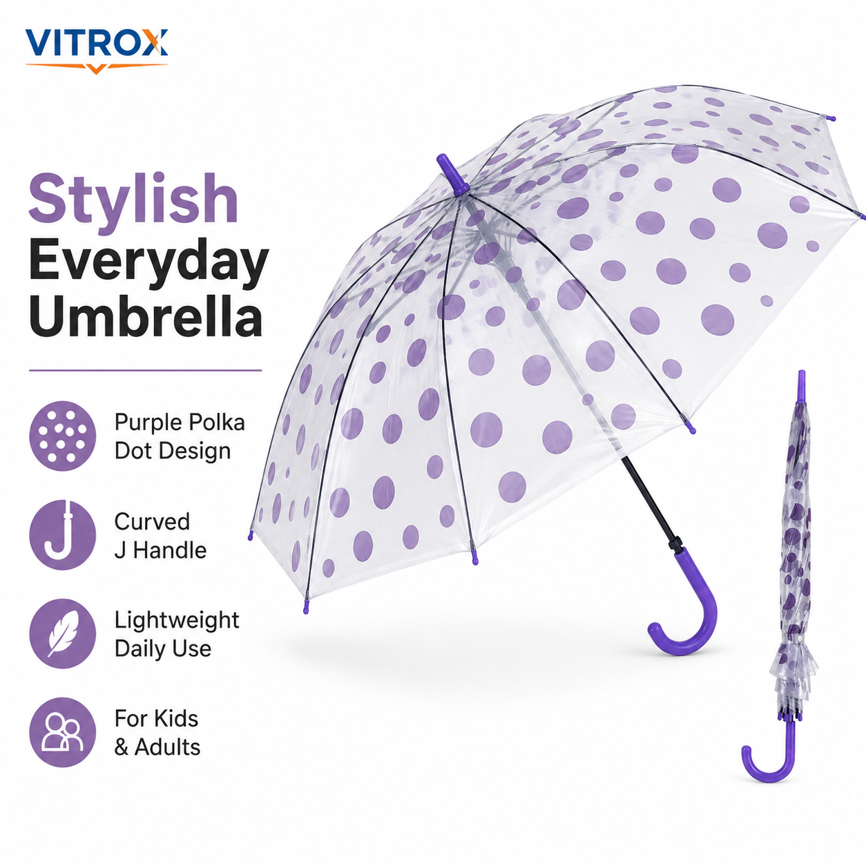 Purple Polka Dot Transparent Umbrella with Curved J Handle