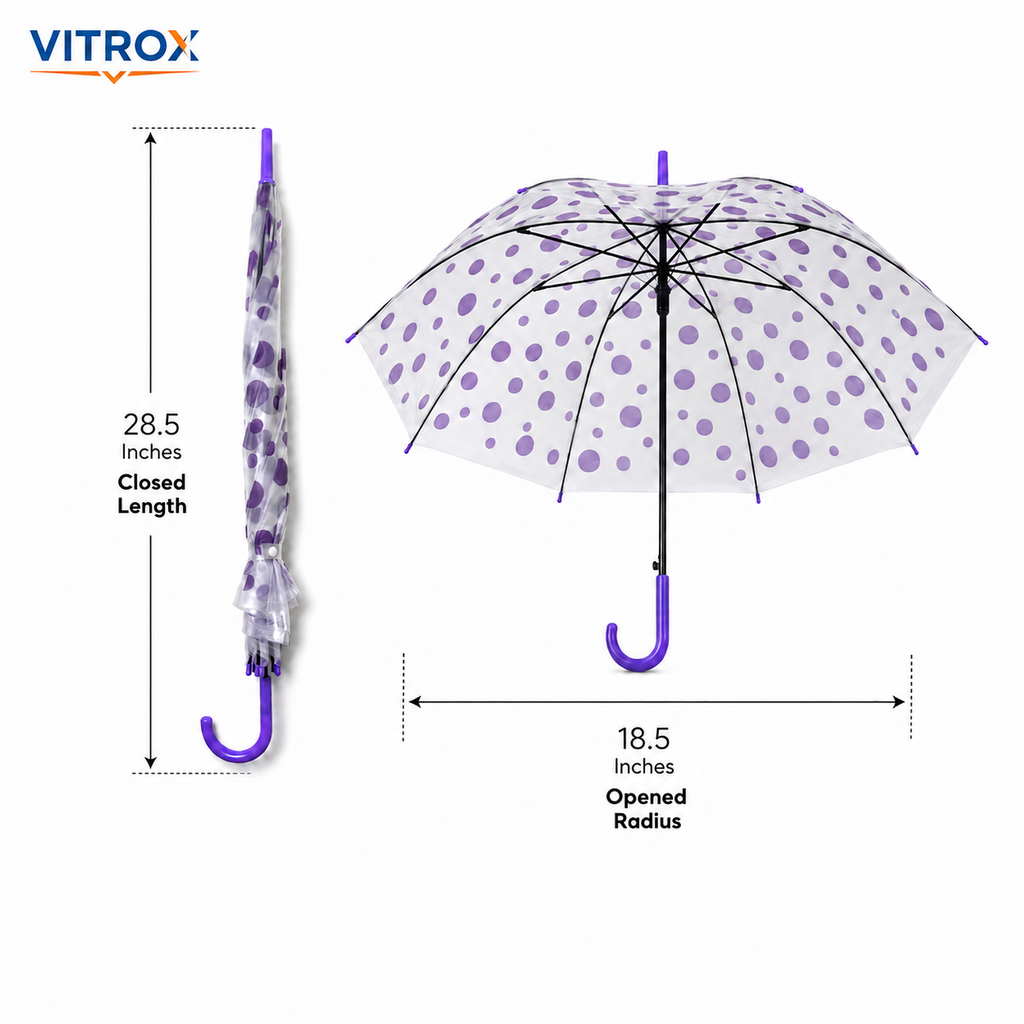 Purple Polka Dot Transparent Umbrella with Curved J Handle