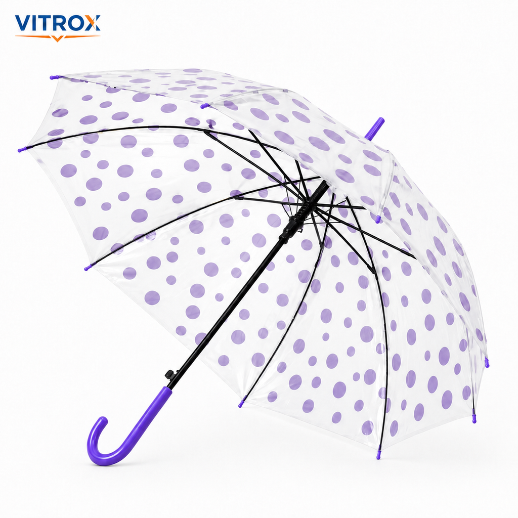 Purple Polka Dot Transparent Umbrella with Curved J Handle