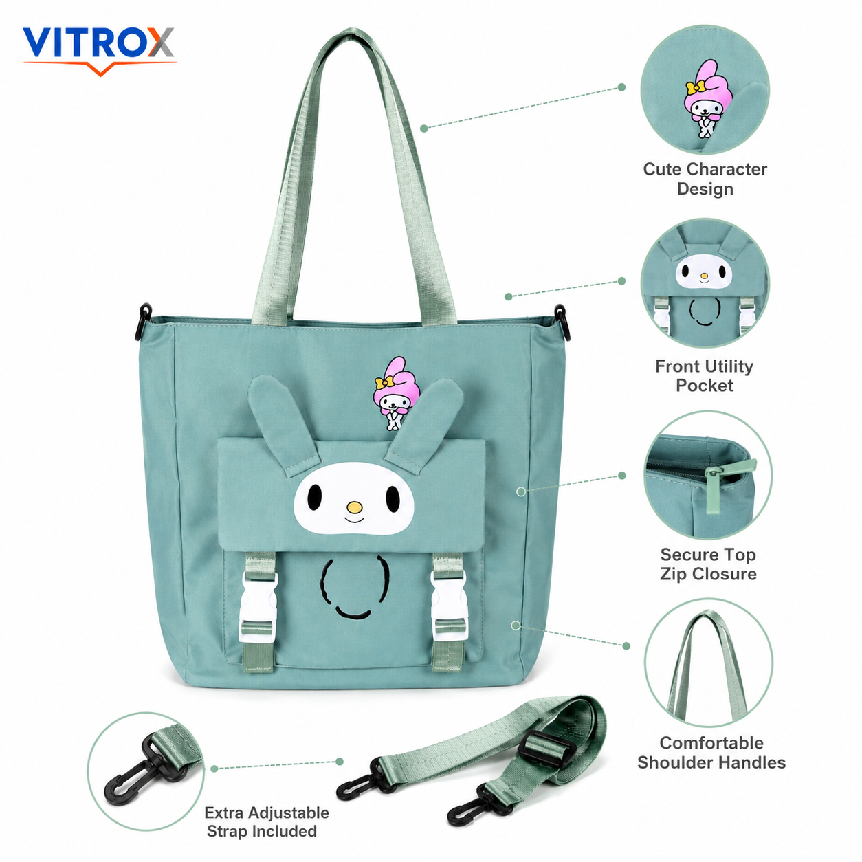 Cute Character Tote Bag with Front Flap Pocket