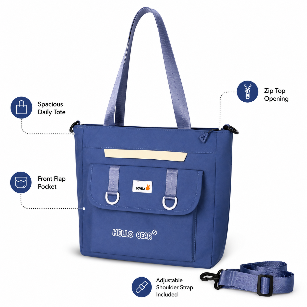 Women’s Denim Blue Utility Tote Bag with Front Flap Pocket