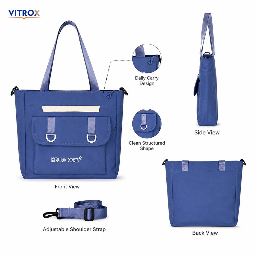 Women’s Denim Blue Utility Tote Bag with Front Flap Pocket