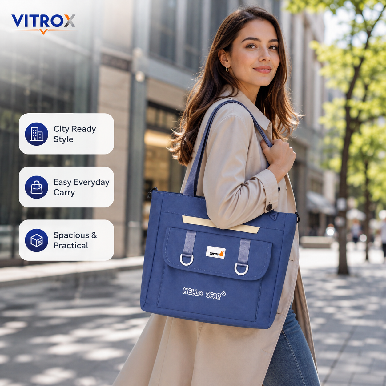 Women’s Denim Blue Utility Tote Bag with Front Flap Pocket