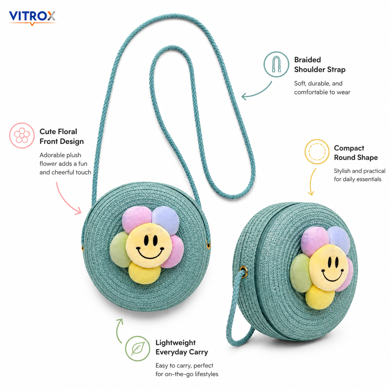 Cute Round Woven Flower Crossbody Bag for Girls & Women