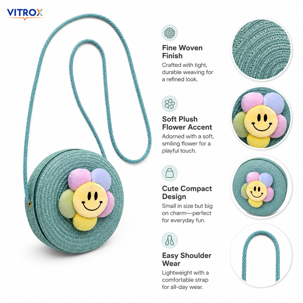 Cute Round Woven Flower Crossbody Bag for Girls & Women