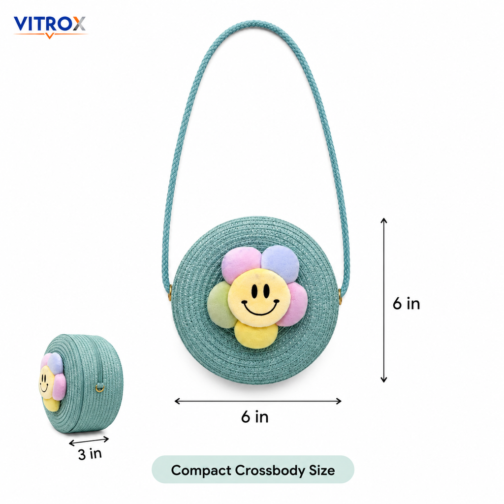 Cute Round Woven Flower Crossbody Bag for Girls & Women