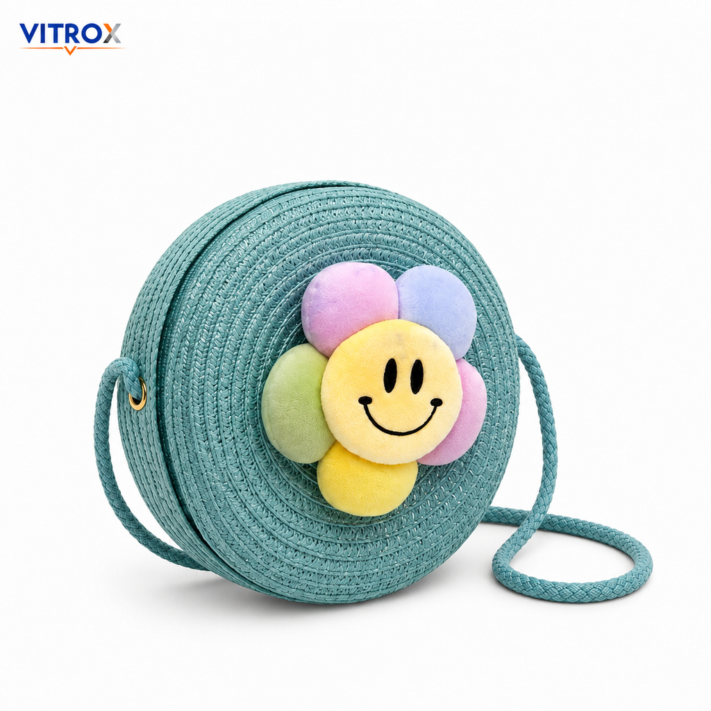 Cute Round Woven Flower Crossbody Bag for Girls & Women