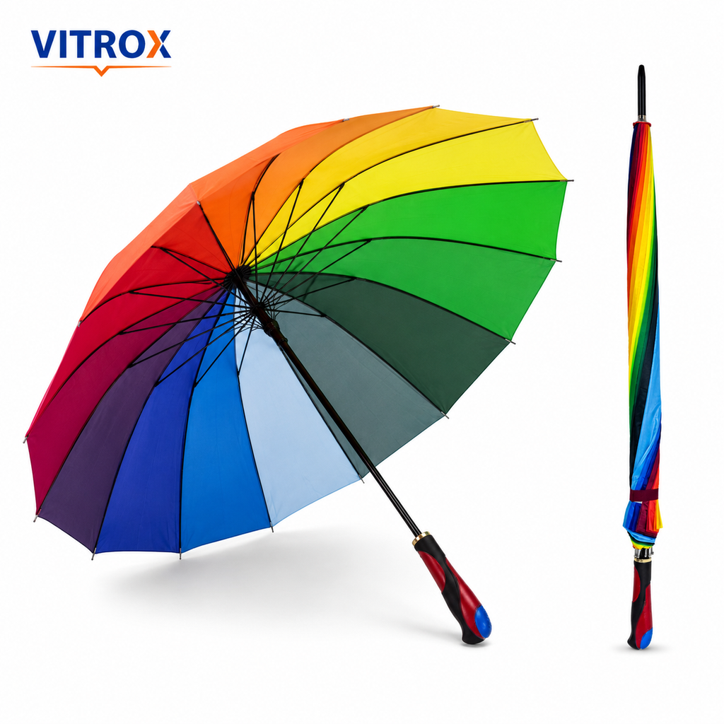 Colourful Rainbow Long Umbrella – Full Size Rain Umbrella